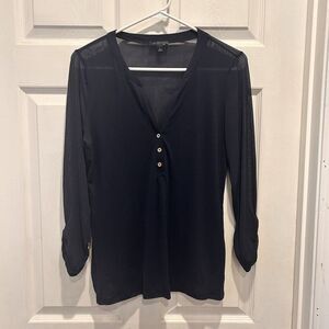 The Limited 90s Y2K Top Women's Large Navy Blue Sheer Mesh Nylon Ruched Sleeves‎